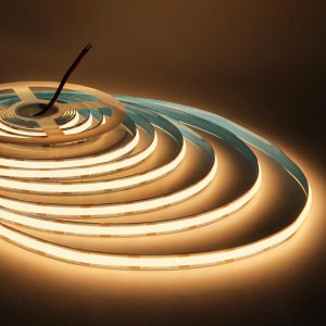 12V Led COB Dotless Strip, 320 led/meter, 2.5cm cut, Blue Thermal Double sided tape, 10w/m, 100lm/w, Warm White 3000K, 5m roll
