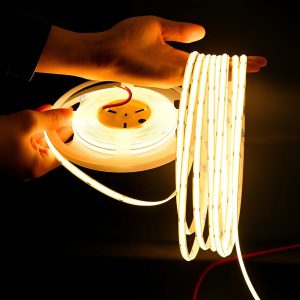 10m 24V Long Run Led COB Dotless Strip, 384 led/meter, 3.1cm cut, 3M 9448a Double sided tape, 10w/m, 100lm/w, CRI: >90, Warm White 3000K, 10m roll